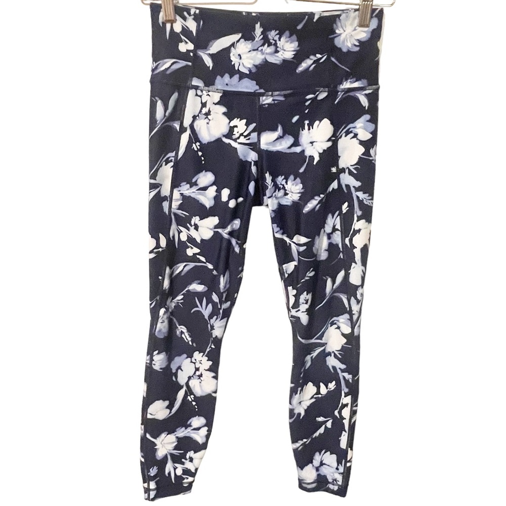 Athleta Size Small Blue Floral Water Flower Salutation Leggings Athletic Pull On